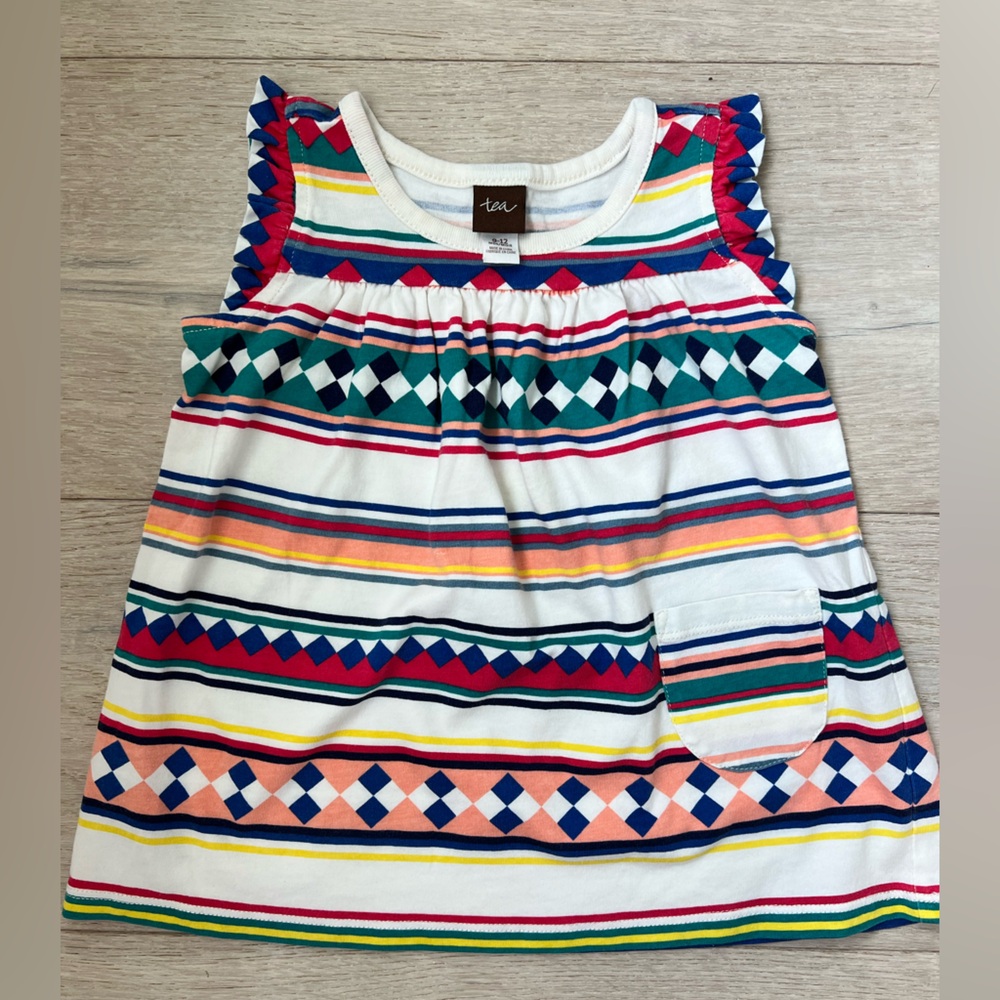 TEA COLLECTION girl dress white muli geo stripe sleeveless dress 9 to 12…